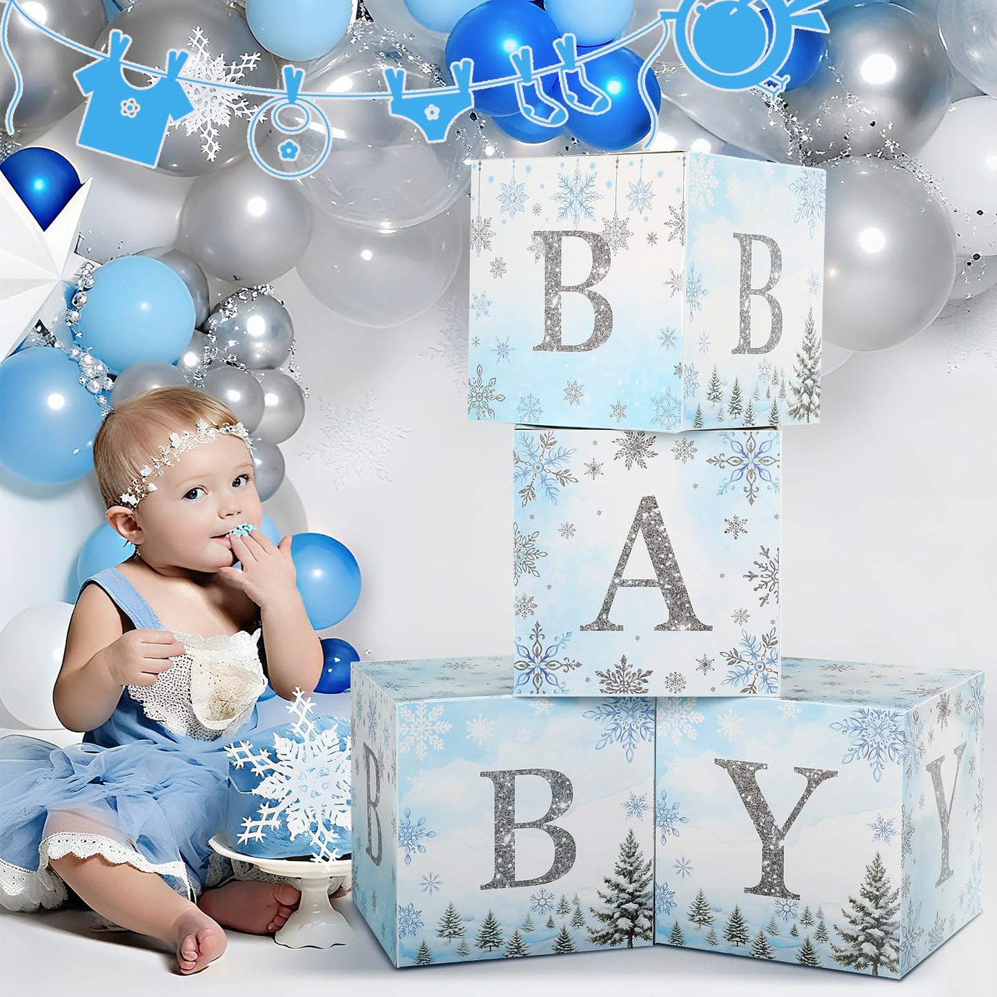 AmazingSpark 4 Pcs Winter Snowflake Blue Baby Shower Decoration Boxes with Letters Winter glitter Snowflake Wonderland Box Block Baby Shower Backdrop Centerpiece for Party