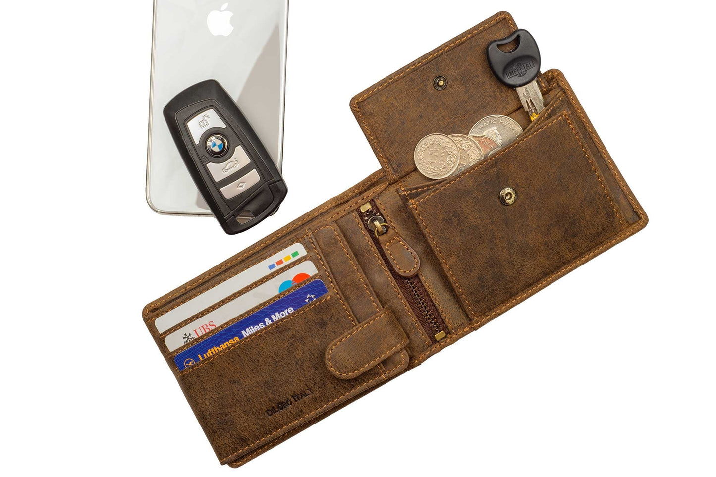 DiLoro Italy Full Size Mens Leather Wallet Bifold Flip ID Zip Coin Wallets with RFID Protection (Dark Hunter Brown With ID)