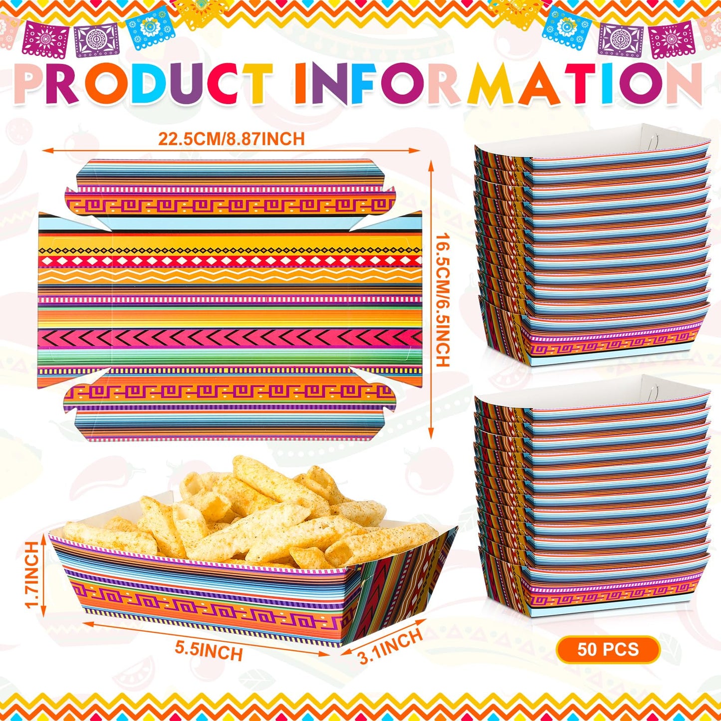 50 Pack Mexican Taco Nights Food Trays Deli Trays Nacho Popcorn Candy Snack Holder Grease Proof Containers Boats Disposable Taco Bar Serving Plates for Christmas Thanksgiving Fiesta Birthday Party