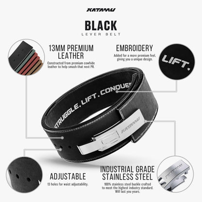 Katamu Black USPA & IPL Approved Lever Belt — Premium 10mm and 13mm Leather Powerlifting Belt for Men and Women, Steel Lever Buckle, 4 Inch Back Support for Deadlifts