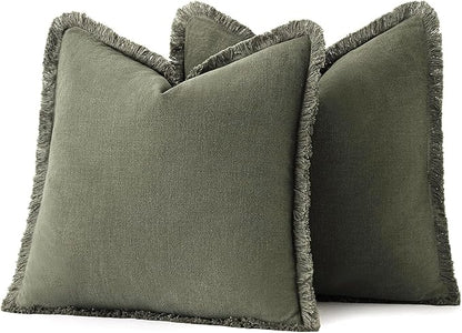 MIULEE Decorative Throw Pillow Covers Neutral Linen Fringe Throw Pillows Euro Shams Set of 2 Olive Green Boho Farmhouse Cushion Covers for Couch Sofa Bed Living Room Spring Home Decor 26x26 Inch