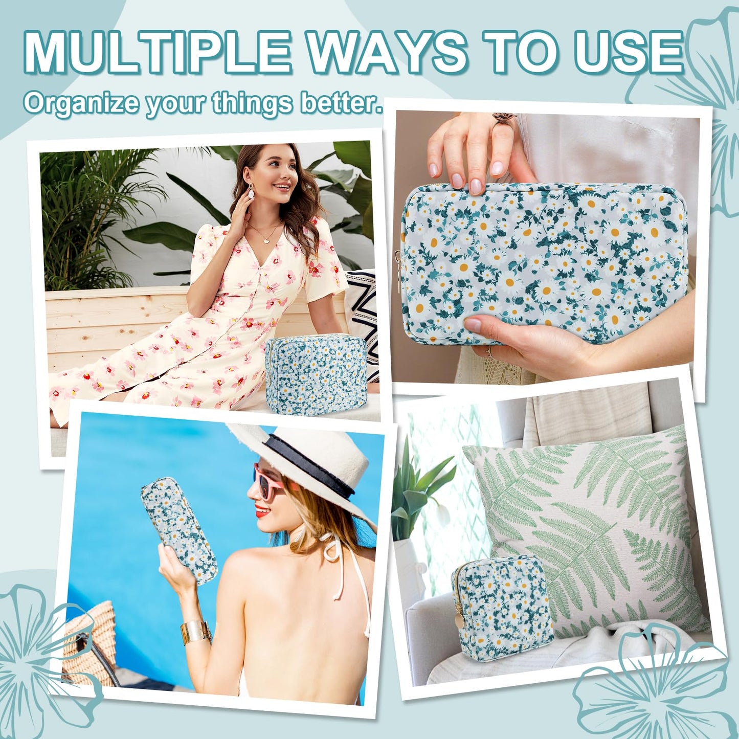 UIXIZQ Waterproof Mini Floral Makeup Bag Pouch for Purse,Nylon Flower Cosmetic Travel Bag Small Preppy Toiletry Organizers Bag for Women Girl,Cute Zipper Pouch Coin Purse for Work(Mini Green-Daisy)