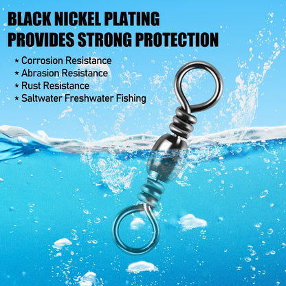 Alwonder 100PCS Fishing Barrel Swivels, High Strength Stainless Solid Ring Brass Barrel Swivel with Black Nickel Coating, Rolling Fishing Swivels Tackle Line Connector Saltwater Freshwater 62LB