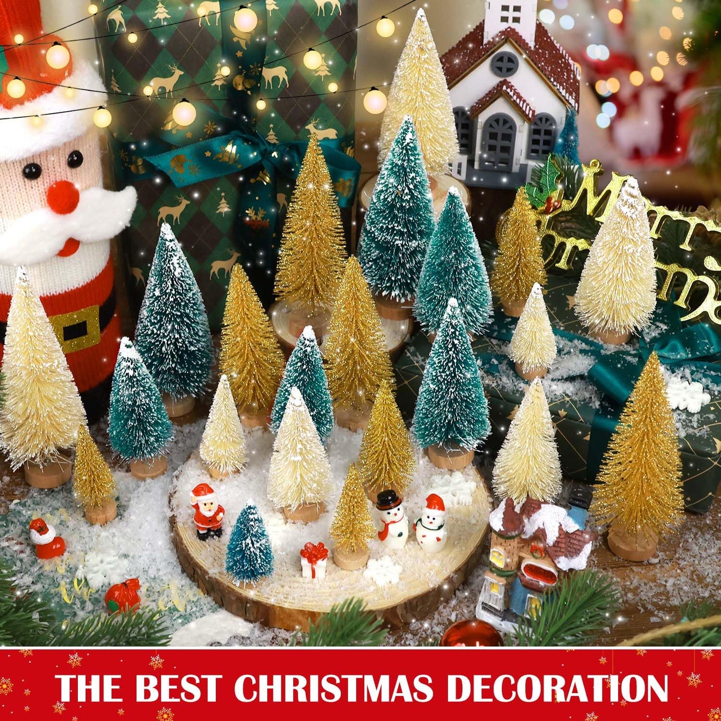 30Pcs Mini Christmas Trees, Artificial Christmas Tree Bottle Brush Trees Christmas with 5 Sizes, Sisal Snow Trees with Wooden Base for Christmas Decor Christmas Party Home Table Craft