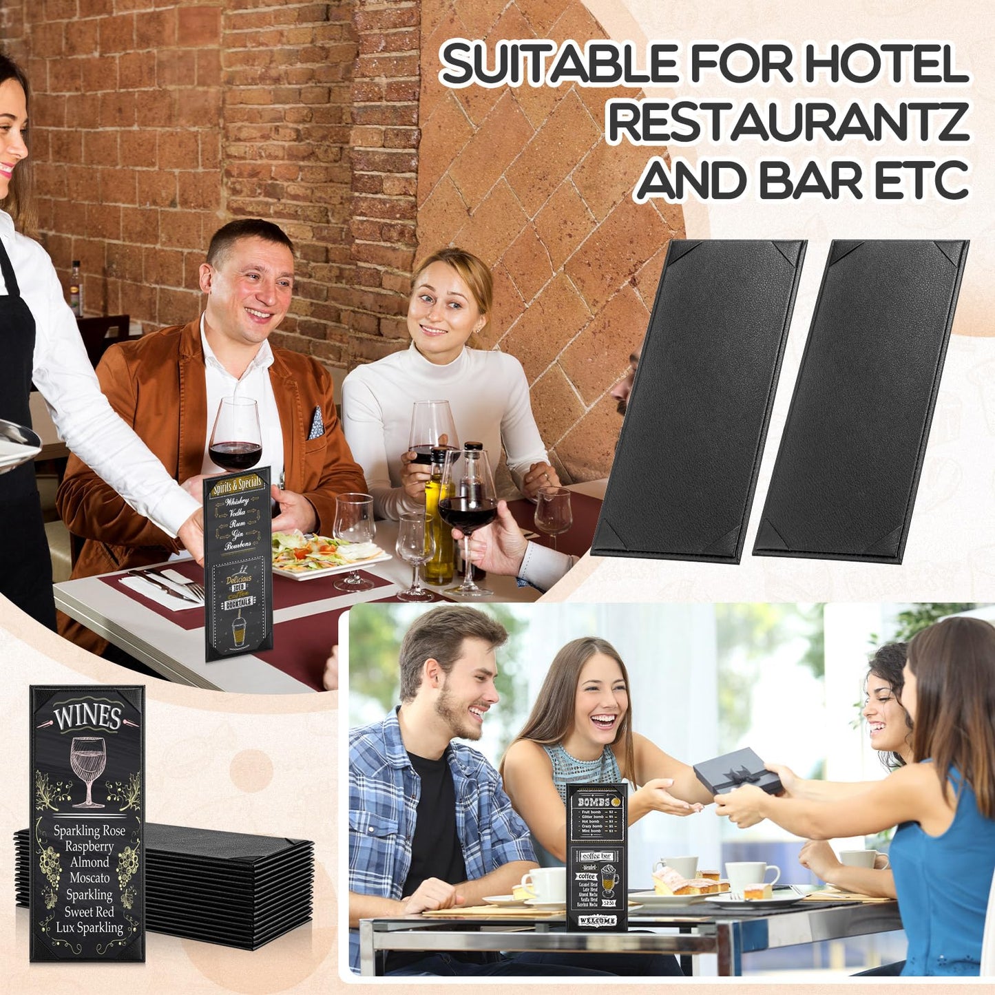 GlikCeil 16 Pcs Restaurant Leather Menu Holders Single Panel Menu Covers for Wine Drinks List 4.25 x 11 Inch Black Menu Book Cover with Angled Corners for bar Hotel Coffee, Single View