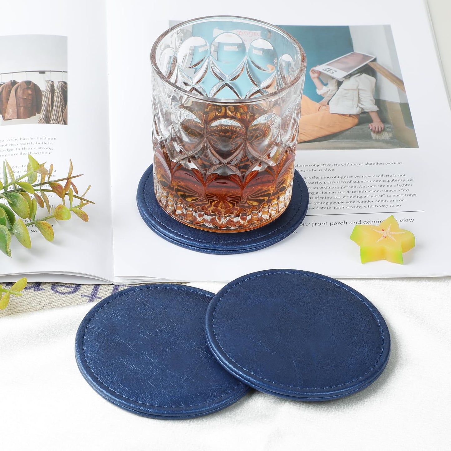 Leather Coasters Set of 6 with Holder, Tabletop Protection, Coffee Table & Bar Decoration, Modern-Style Drink Coasters Suitable for Home Dining Tables & Kitchen Accessories (Blue)