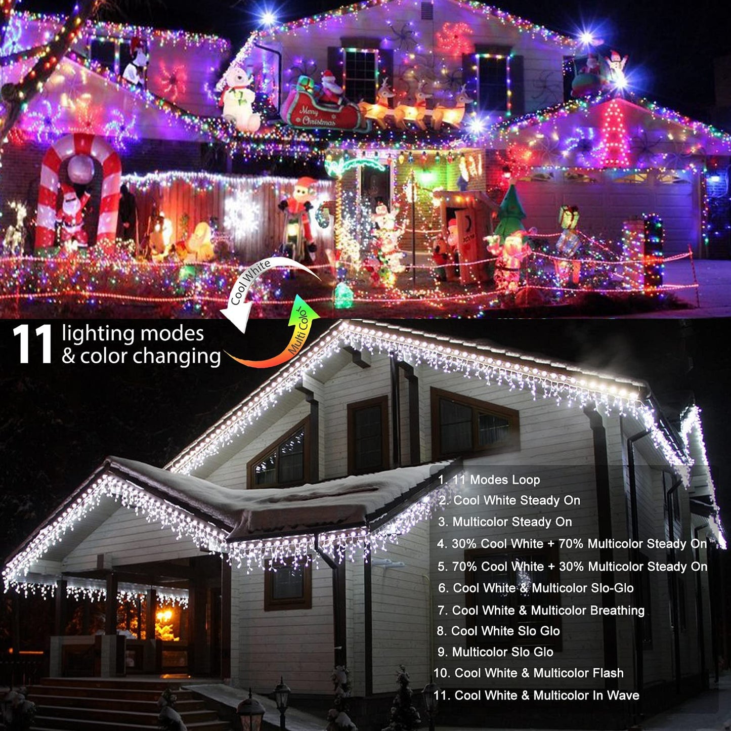 Brizled Color Changing Icicle Lights, 29ft 360 LED Christmas Icicle Lights with Remote, 11 Modes Cool White & Multicolor Xmas Lights for Xmas Wedding Home