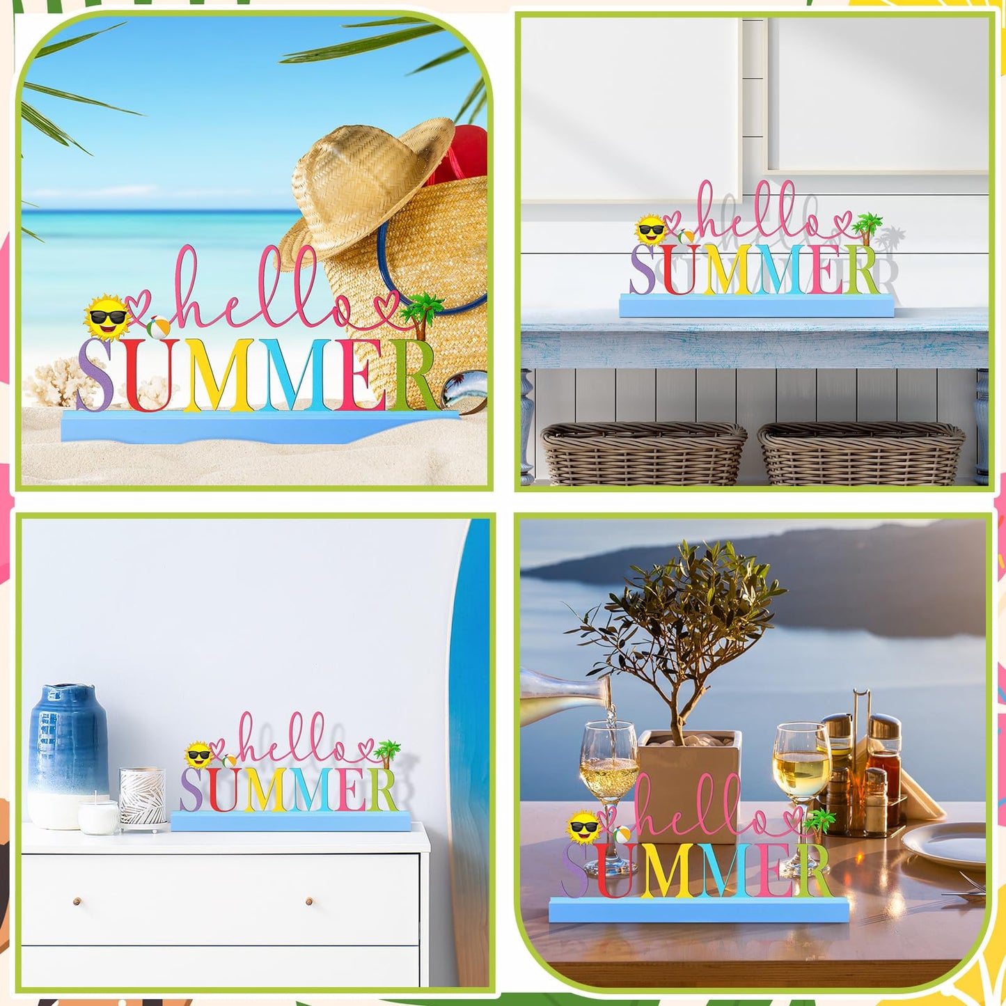 Yaocom 11.81 Inch Summer Table Sign Hello Summer Metal Letter Decor Freestanding Tabletop Decoration with Wooden Base Cutout Word Sign for Home Tiered Tray Centerpiece Mantel Shelf Fireplace
