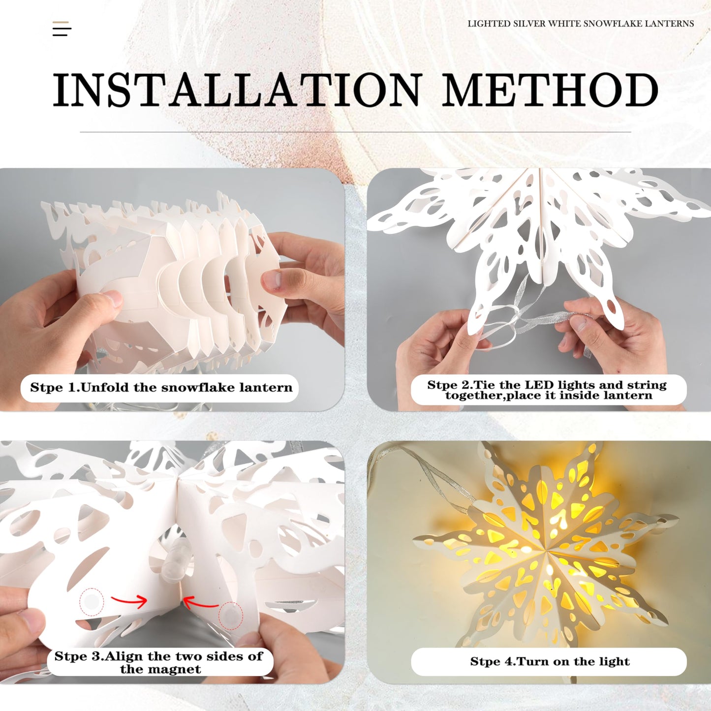 12 Pcs Christmas Paper Snowflake Lanterns, 3D Christmas Paper Star Lanterns with LED Lights, 10/12 Inch White Silver Hanging Snowflake Lamps for Xmas Winter Frozen Weddings New Year Party Decorations