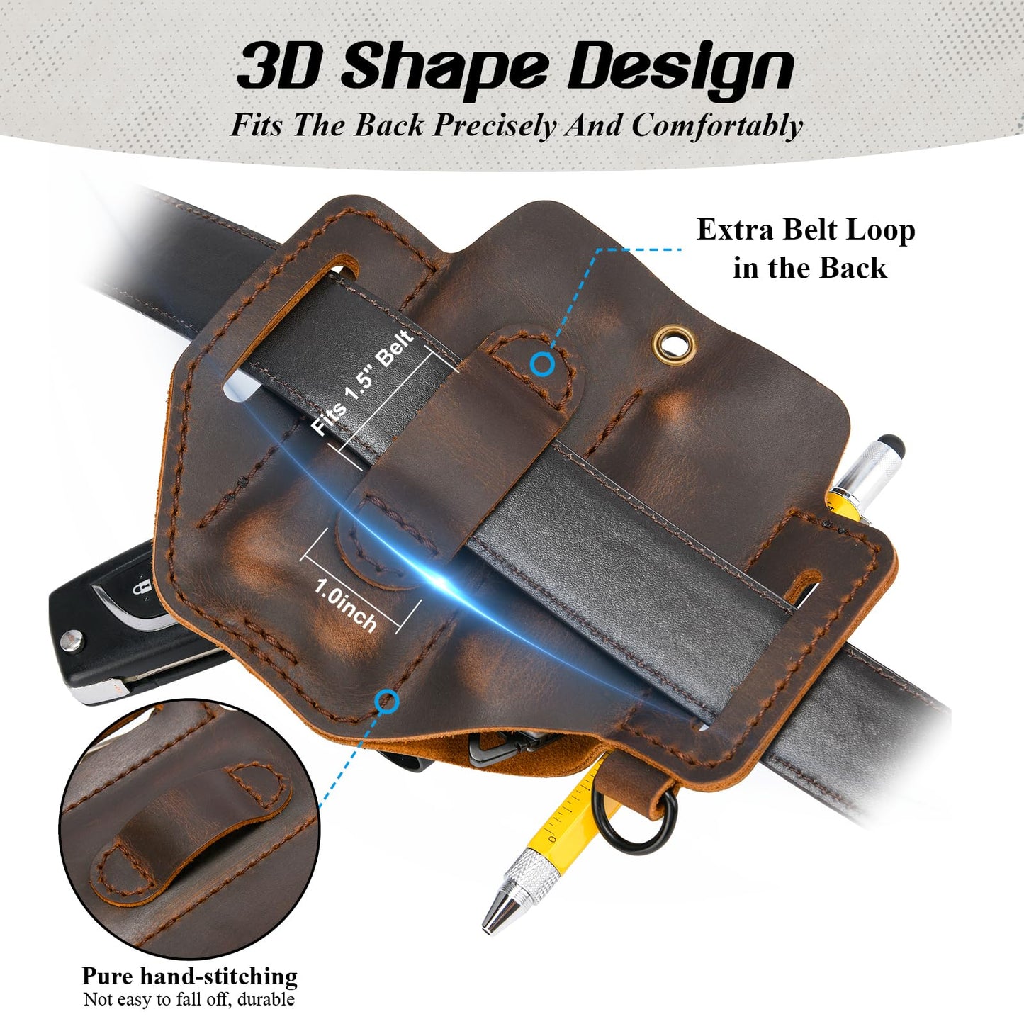 FLYHOMES Premium Full-Grain Genuine Cowhide Leather Multitool Sheath | Handmade Stitched Belt Organizer for Leatherman, Flashlight, Pen & EDC Tools | Multi-Tool Holster Pouch with Keychain Clip