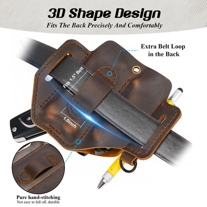 FLYHOMES Premium Full-Grain Genuine Cowhide Leather Multitool Sheath | Handmade Stitched Belt Organizer for Leatherman, Flashlight, Pen & EDC Tools | Multi-Tool Holster Pouch with Keychain Clip