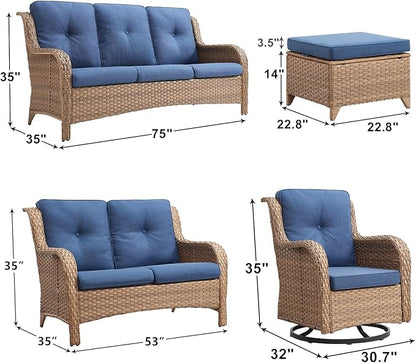 Rilyson Patio Furniture Swivel Chairs Set - 6 Piece Wicker Rattan Outdoor Sectional Conversation Sets with 2 Rocking Swivel Chairs,2 Ottomans,1 Sofa and 1 Loveseat for Porch Deck(Yellow/Blue)