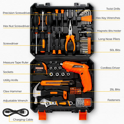 MarvTool 140 Piece Basic Tool Set, Portable Tool Box with Cordless Drill, Home Repair Hand Tool Kit, General Household Drill Set, Toolbox with Storage Case for Homeowner, DIY, Handyman, Women, Men