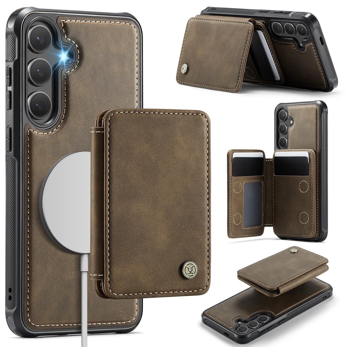Usroom Compatible with Magsafe for Samsung Galaxy S25 Wallet Case Magnetic Card Holder, RFID Blocking 2 in 1 Detachable Kickstand Shockproof Case for Women Men, Brown