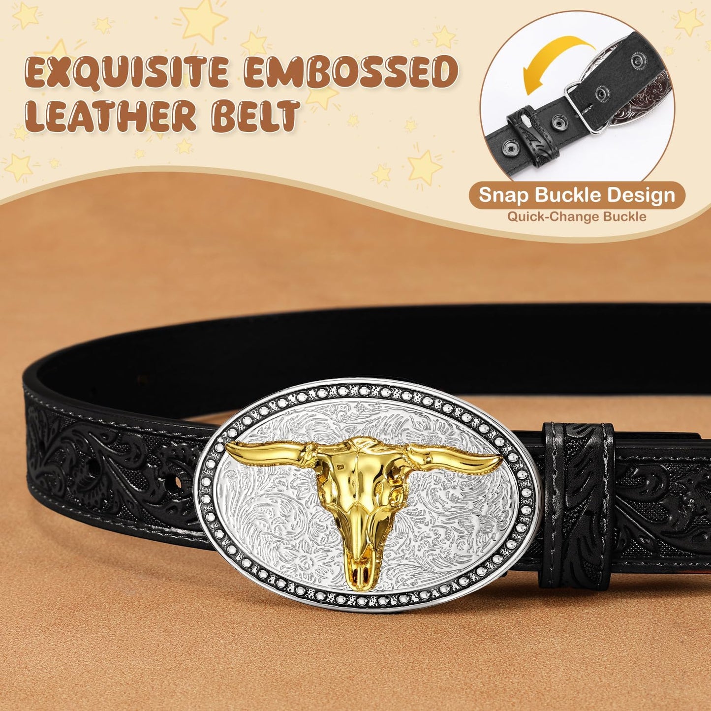 SANSTHS Kids Western Belt for Boys Girls Genuine Leather Cowboy Cowgirl Belts with Detachable Buckle for Jeans Western Gifts, Golden Bull Buckle/Black Belt