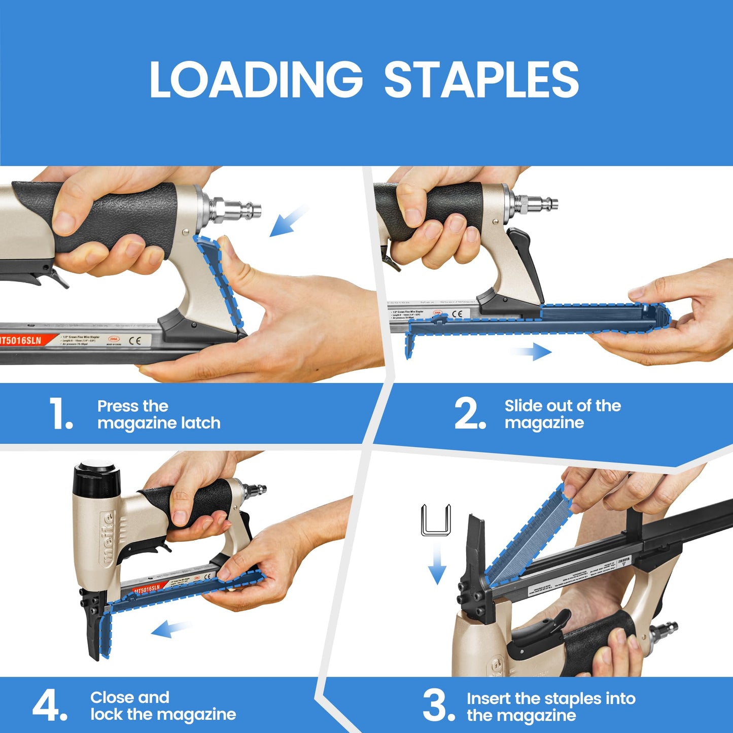 meite Upholstery Staple Gun with Extended Nose &Safety Trigger for 20 Gauge 1/2-Inch Crown Staples, Heavy-Duty Pneumatic Stapler for Woodworking and Decoration DIY Projects (Model MT5016SLN)