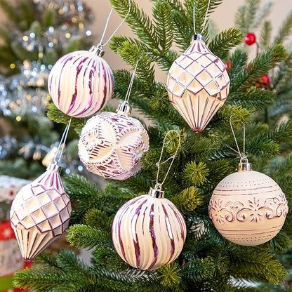 16PCS Shatterproof Christmas Ball Ornaments Set, Hand-Painted Holiday Decor with Assorted Sizes & Designs for Christmas Tree Thanksgiving Party Decoration, Pink-White