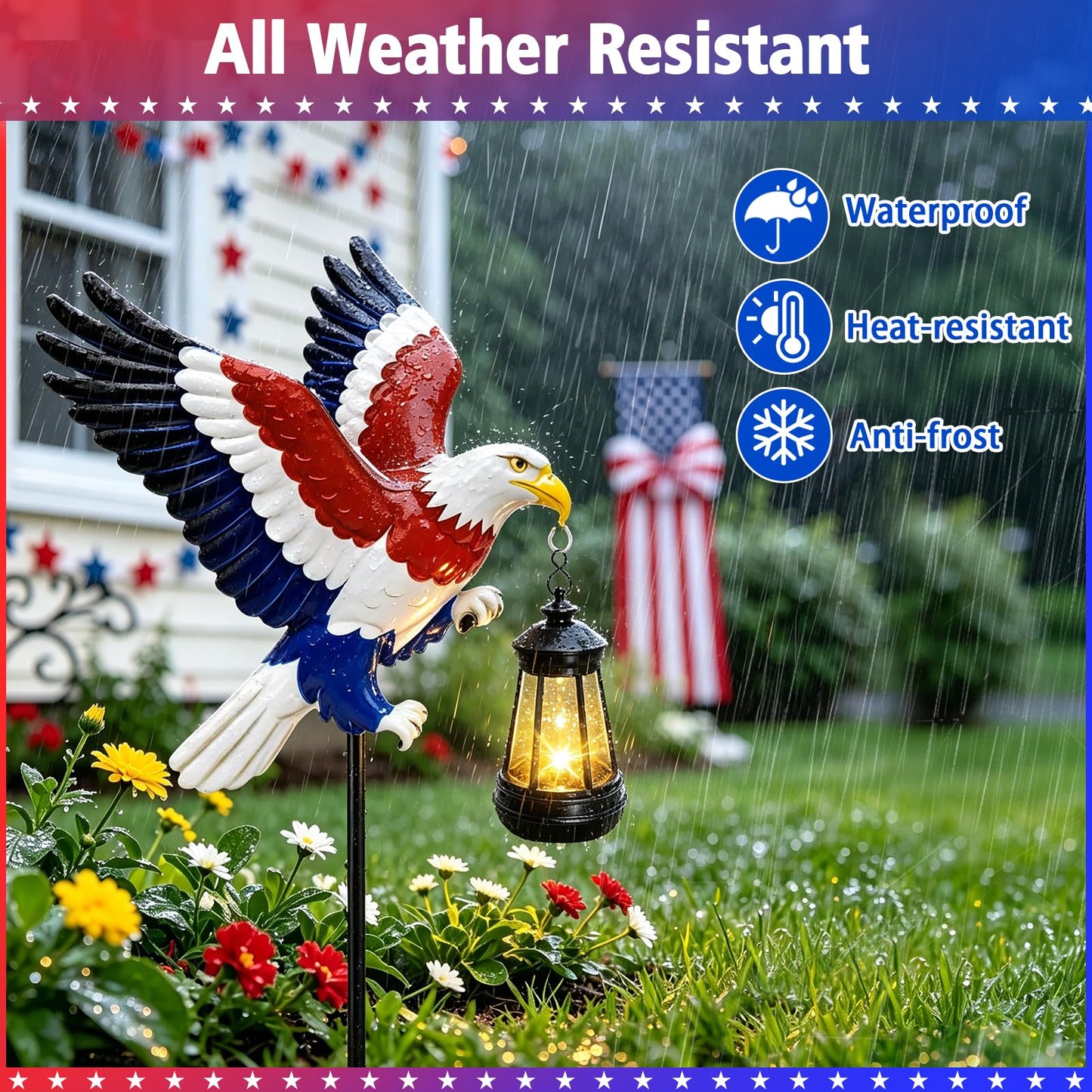 4th of July Decorations Solar Lights Outdoor, Patriotic American Eagle Hanging Lantern Waterproof, Metal Garden Decor for Independence Day Veterans Day Holiday Party Decoration Yard Patio Decor