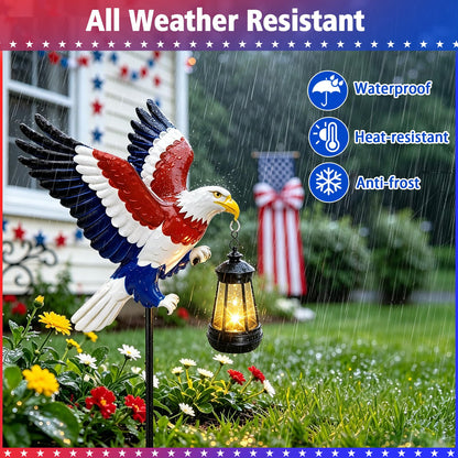 4th of July Decorations Solar Lights Outdoor, Patriotic American Eagle Hanging Lantern Waterproof, Metal Garden Decor for Independence Day Veterans Day Holiday Party Decoration Yard Patio Decor