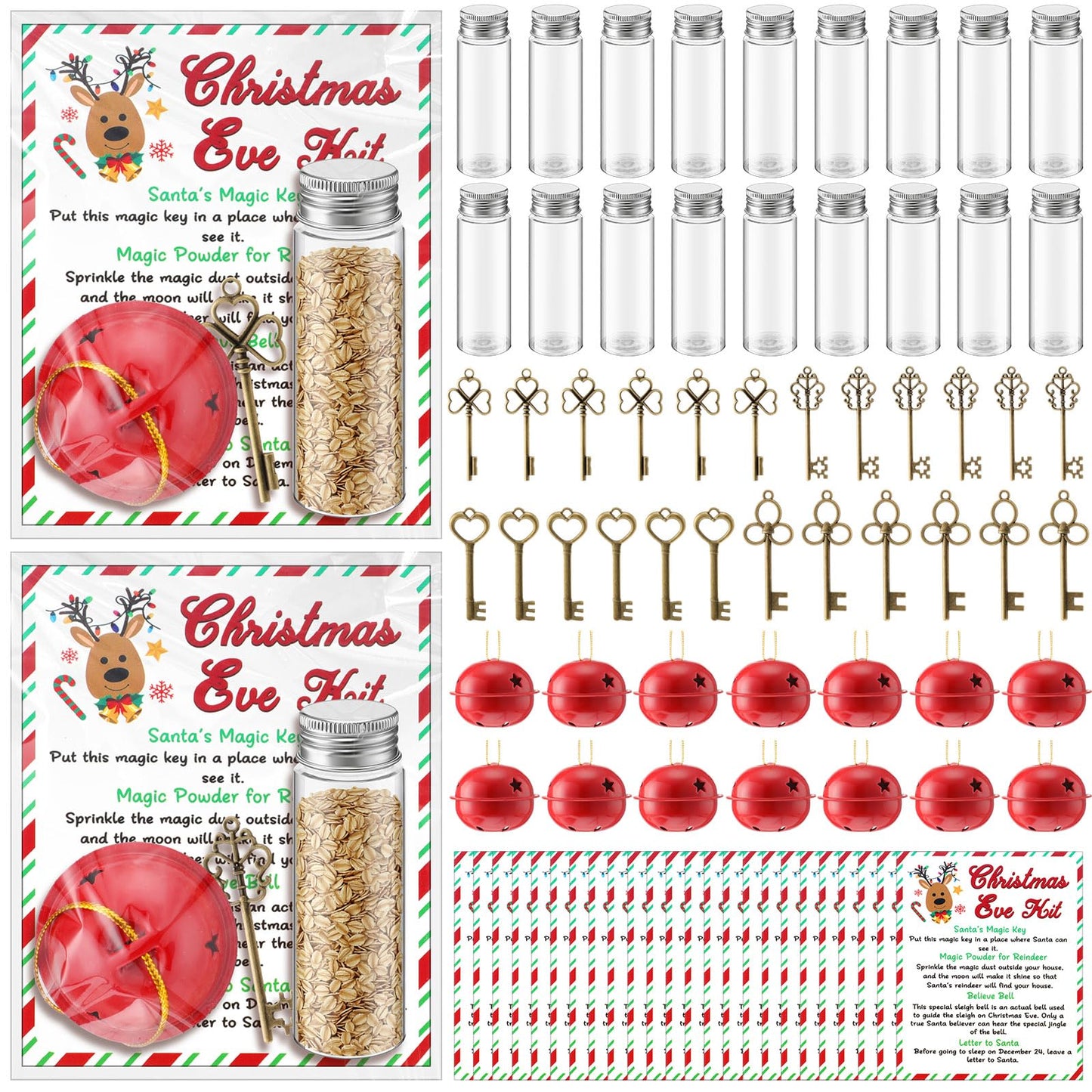 FoldTier 24 Set Christmas Eve Kit Santa Bell Santa's Magic Key Magic Reindeer Food Glass Jar Red Bell Xmas Key for Christmas Party Favor Eve Present for Family Stocking Stuffer Tree