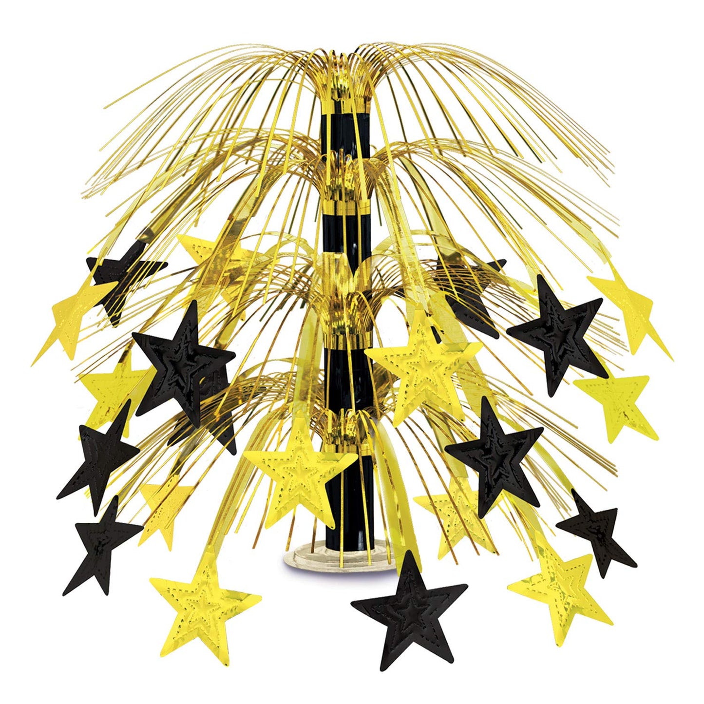 Beistle Star Cascade Centerpiece – Metallic Gold and Black Fringe Table Decoration with Hanging Cord, Clear Base, New Year’s Eve Décor, Graduation Celebration, Awards Night VIP Party Accent, 18"