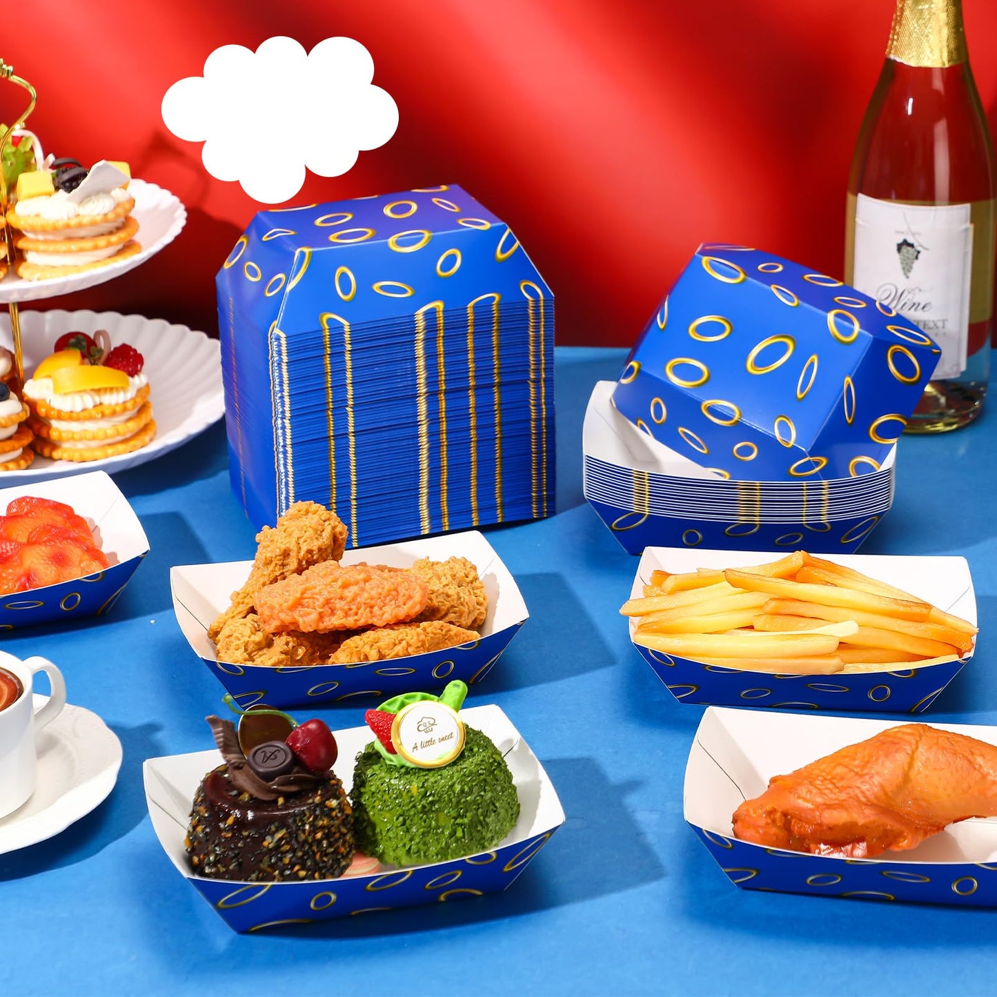 Baderke 100 Pcs Video Game Party Favors Paper Food Trays Boat 2lb Blue with Gold Ring Print Themed Disposable Nacho Trays Video Game Kraft Paper Boat for Christmas Tacos Concession for Birthday Party