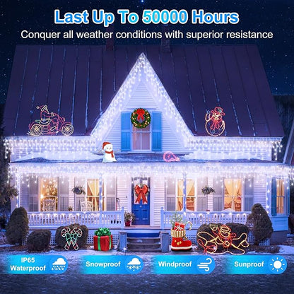 66 FT LED Christmas Lights with 140 Drops, 490 LED Indoor Outdoor Christmas Decorations, 8 Lighting Mode Waterproof Fairy Lights with Timer for Xmas Holiday Wedding Yard Party Cool White