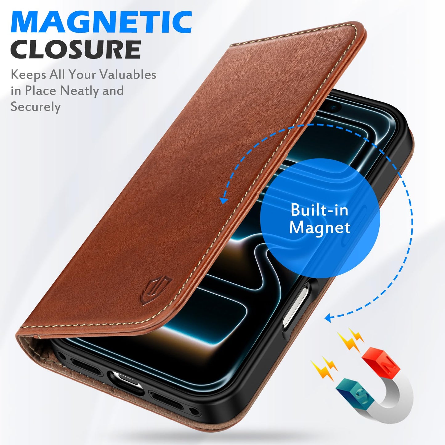 SHIELDON Genuine Leather Wallet Case for iPhone 17 Pro Max 6.9-inch 2025 | Flip | Magnetic Cover | RFID Blocking Credit Card Holder | Kickstand | Shock-Absorbent Case | Retro Brown