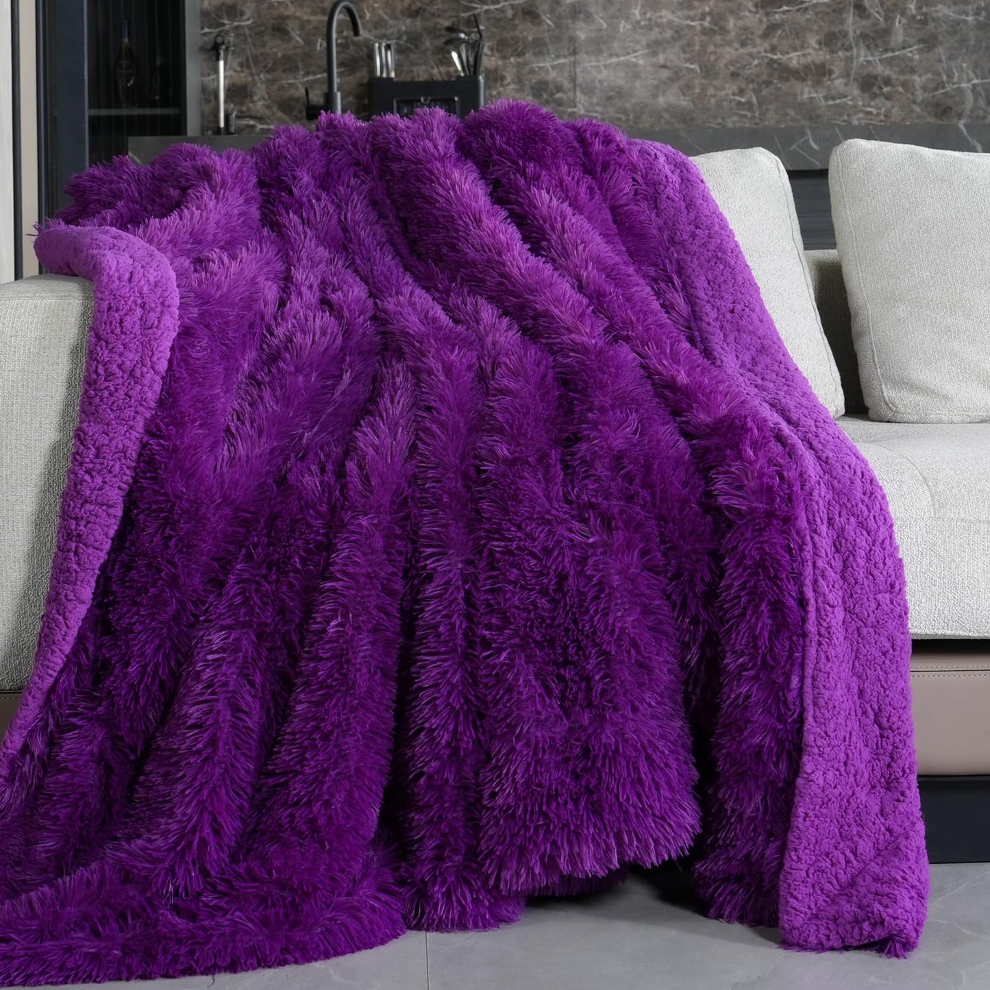 Pawque Faux Fur Blankets Twin Size 60x80 Inches, Soft Fuzzy Fluffy Blanket, Warm Thick Sherpa Long Hair Shag Reversible Lightweight Cozy Throw for Bedroom Sofa Couch, Purple
