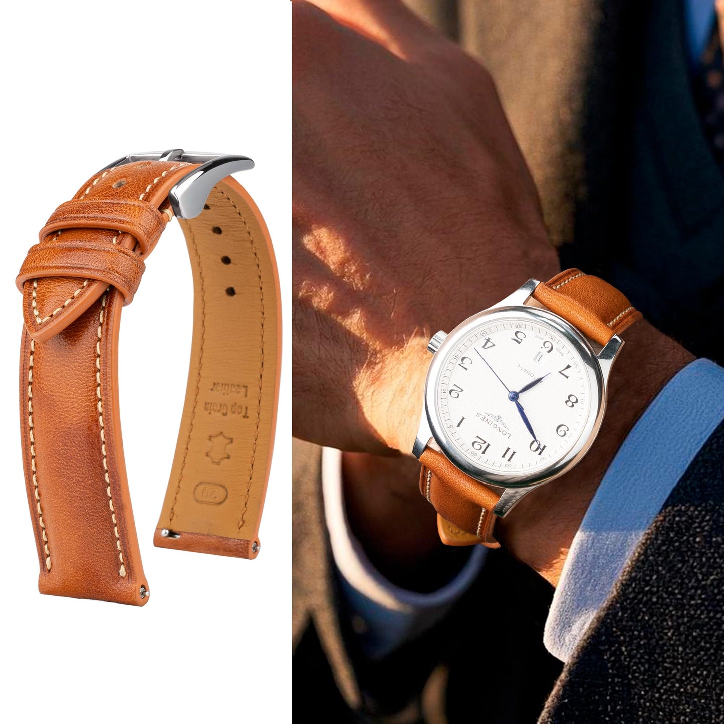Gomvadr Quick Release Leather Watch Band, Two Tone Oil-tanned Top Grain Leather Watch Straps 18mm 20mm 21mm 22mm Replacement Watch Belt for Men Women (Cognac/Silver Buckle, 18mm)