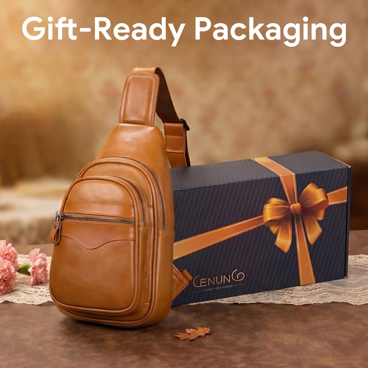 CENUNCO Genuine Leather Sling Bag for Men and Women Crossbody Shoulder Bag Sling Backpack Chest Purse Carry on Casual Daypack(Tan)