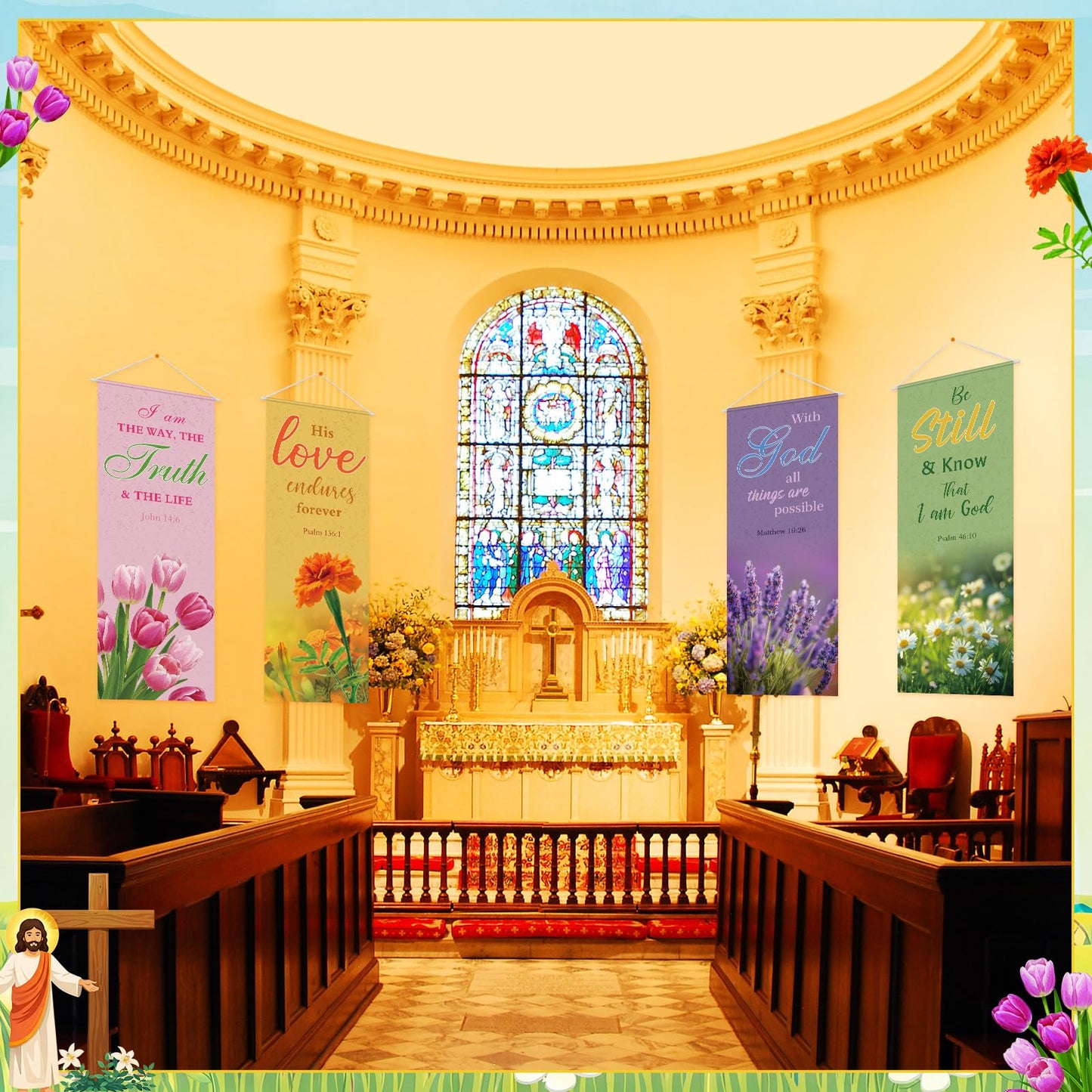 Panelee 4 Pcs Church Banners for Sanctuary Wall Blooming Flower Church Banners with Scripture Inspirational Religious Praise Bible Verses Hanging Backdrop Signs for Sunday School Worship Decoration