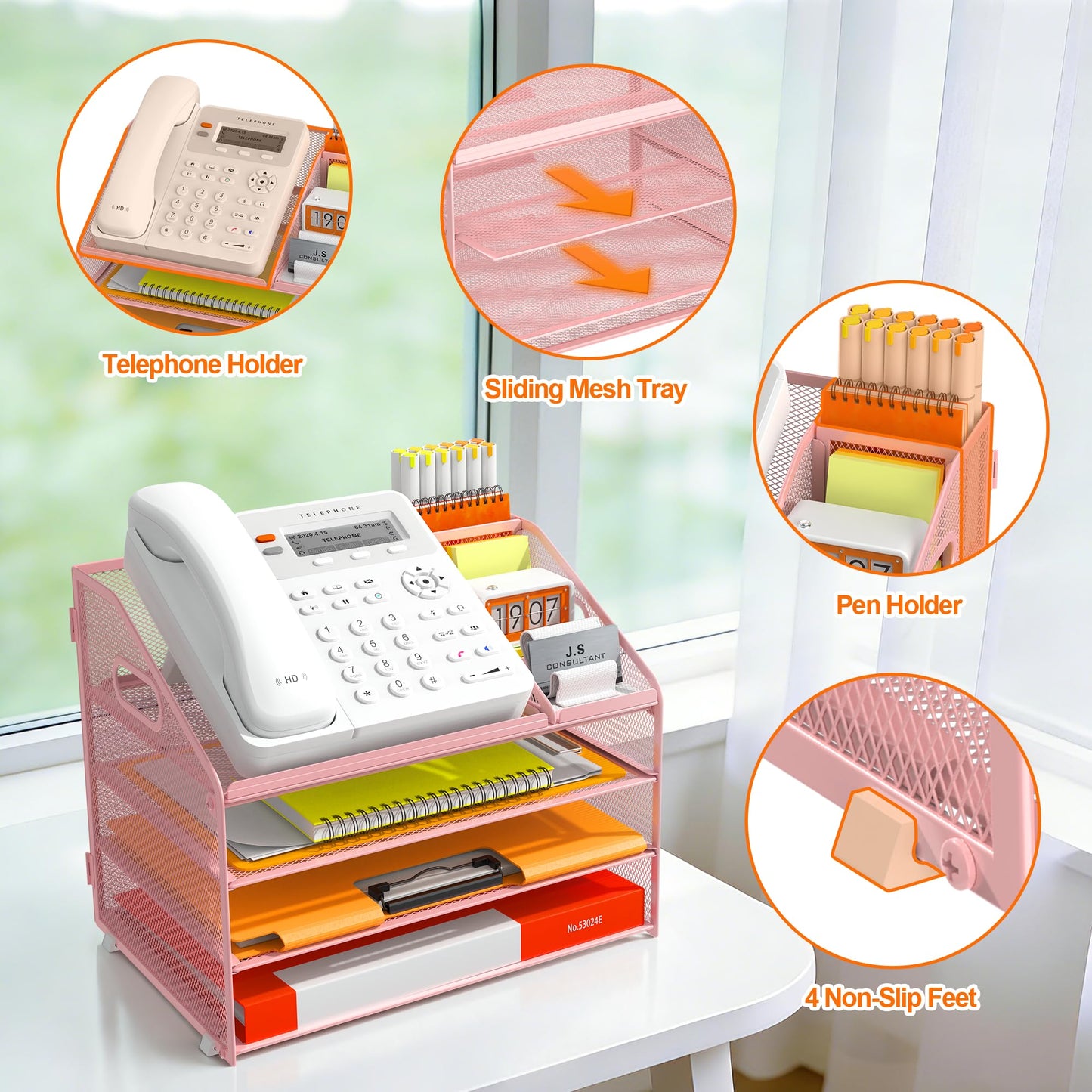 DocNest 4 Tier Metal Mesh Letter Tray - Space Saving Desk File Organizer with Handle, Pen Holder & Folder Holder - Desktop Document Sorter for Office, Home, School, Classroom - Pink