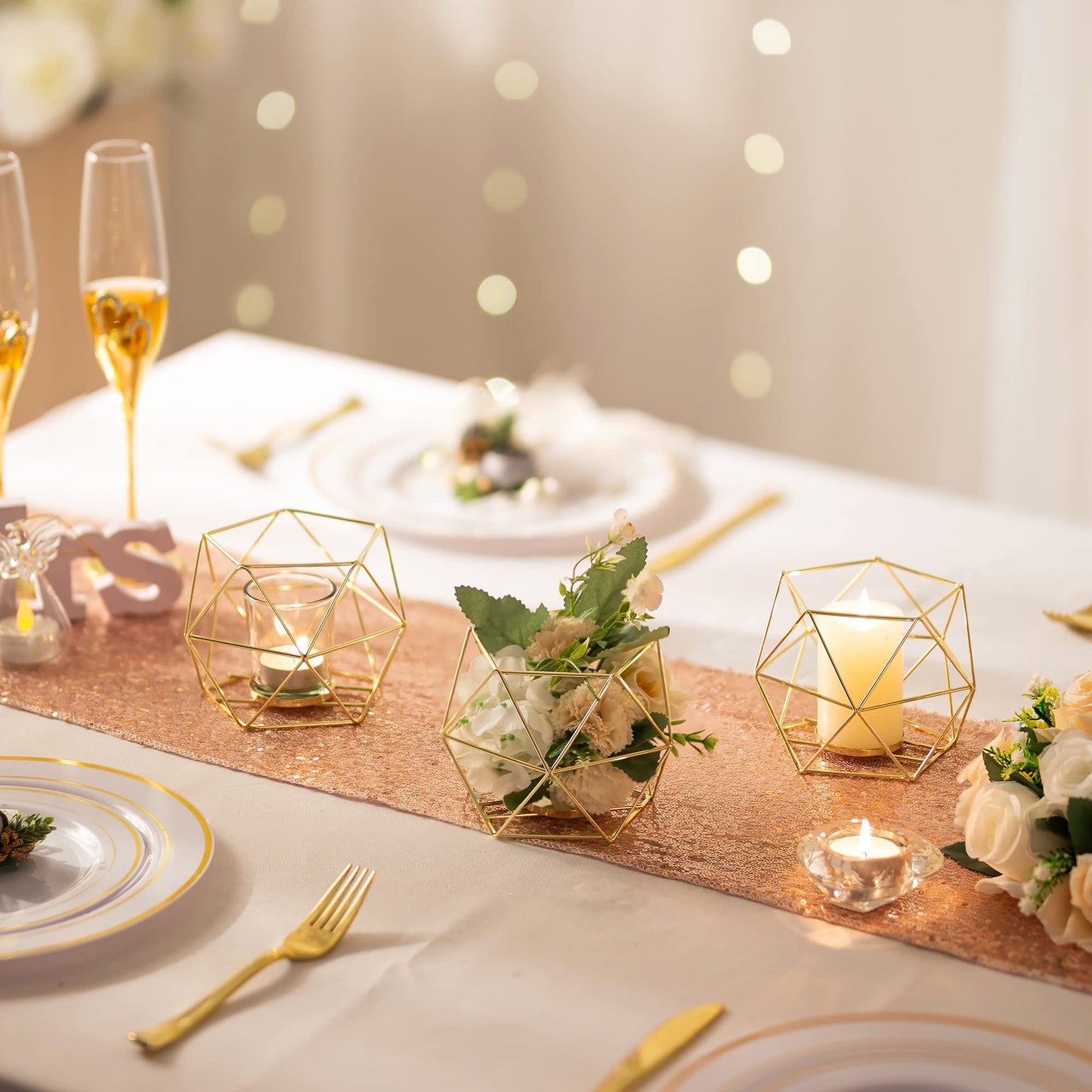 Geometric Tealight Candle Holders Gold - Votive Candle Stand Accents for Tea Light Decorative for Home Table Shelf Mantel Modern Geo Decoration Christmas Wedding Reception Décor, Gold, 6pcs