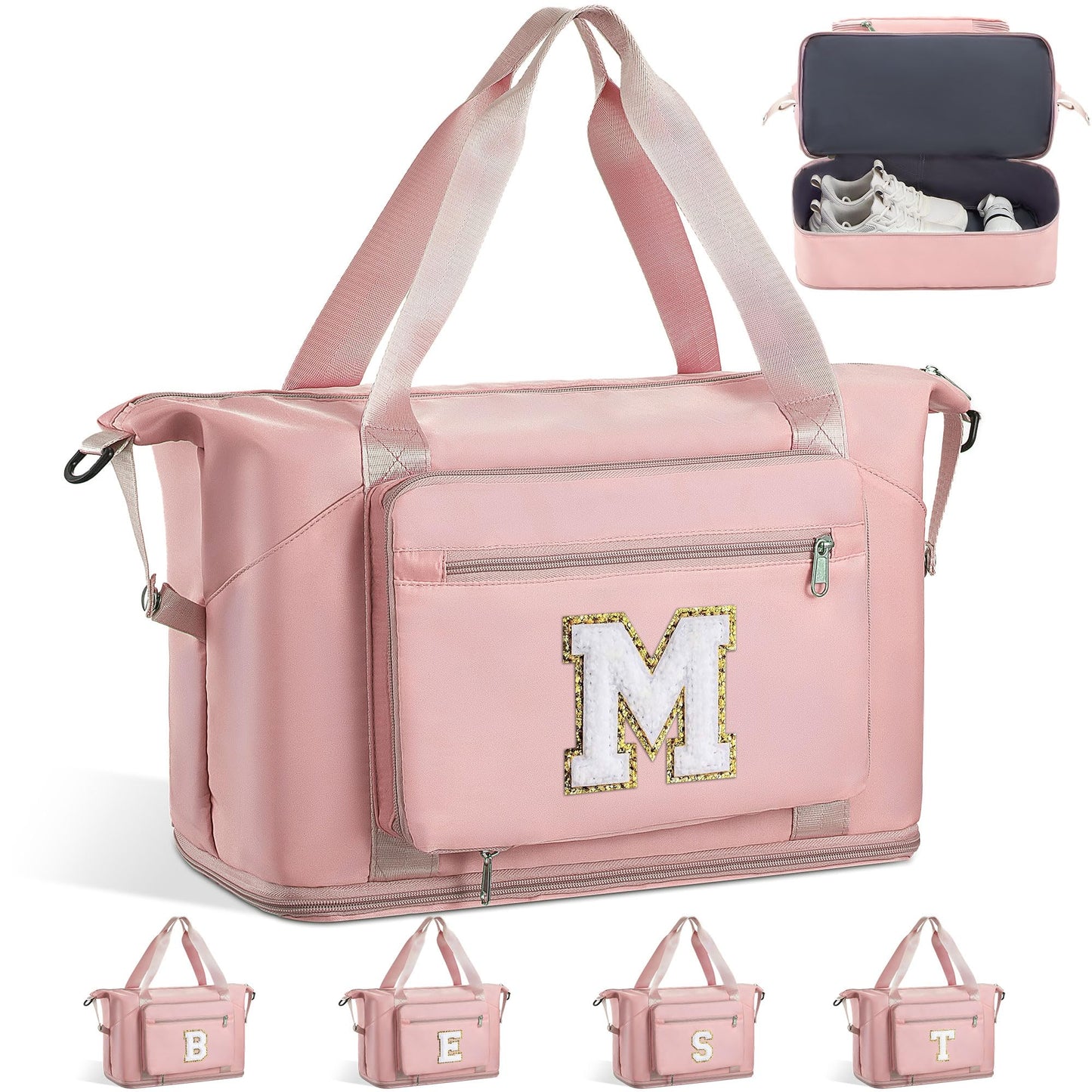 Teenage Girl Gifts, Weekender Bags for Women Travel, Initial Large Overnight Weekend Duffel Bags for Traveling with Shoe Compartment,GYM Duffle Bag for Kids Preteen Tween-Pink M