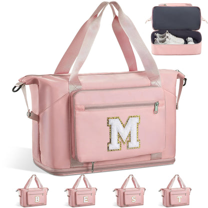 Teenage Girl Gifts, Weekender Bags for Women Travel, Initial Large Overnight Weekend Duffel Bags for Traveling with Shoe Compartment,GYM Duffle Bag for Kids Preteen Tween-Pink M