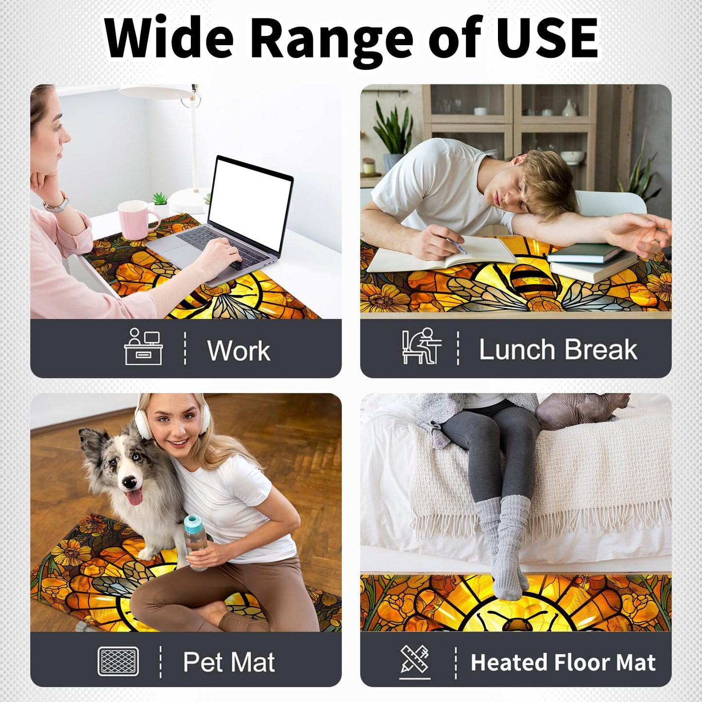 BREIDMKFM Warm Desk Pad,Heated Desk Pad Mouse Mat Gaming,with 3 Heating Levels & 3 Hours Auto Shut-Off,Leather 31.5" x 13" Foot Warmer Keyboard Office Mat,Cute Bee Floral
