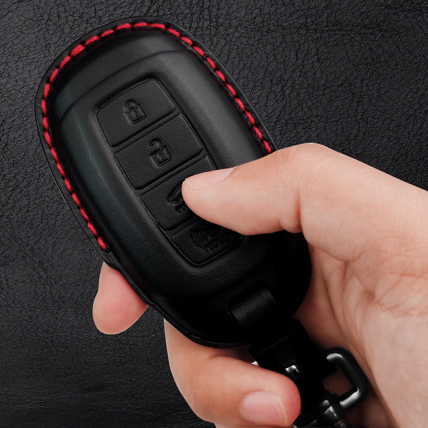 Tukellen Genuine Leather Key Fob Cover Smart Key Holder Sleeve Fit for 2020-2022 Hyundai Palisade Elantra GT Accent Kona Santa Fe Veloster (Black(Red line), 4 Button)