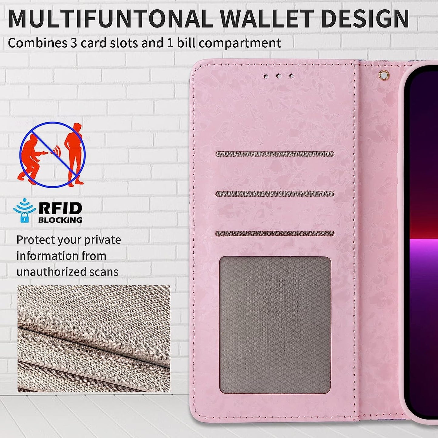 UEEBAI Wallet Case for Samsung Galaxy A15 4G/5G, PU Leather Phone Case Kickstand RFID Blocking Flip Case Card Slots Wrist Strap Relief Engraved Pattern Magnetic Closure Folio Case - Blue Butterfly