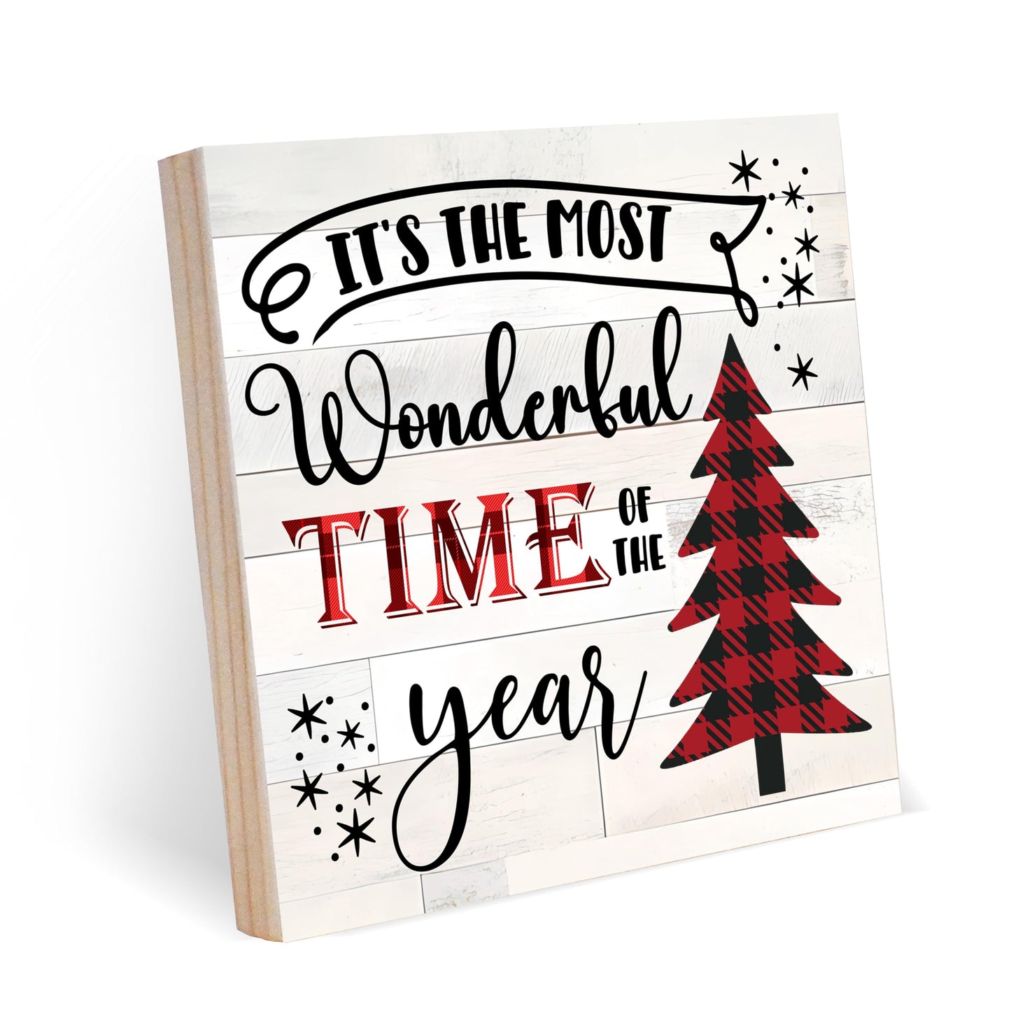 OXRUN Christmas Table Decorations, Pink Merry Christmas Tree Wooden Box Sign Decorative, Xmas Holiday Gifts for Women Men Home Office Shelf Decor 6 x 6 Inches - F12