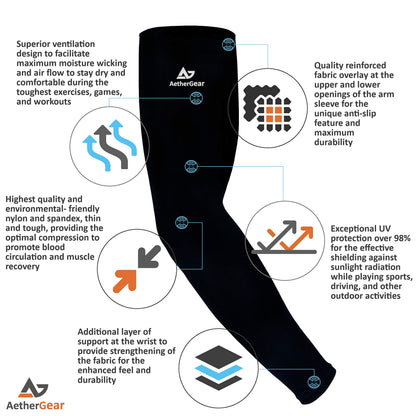 AetherGear Compression Arm Sleeve (2 pack) - Men and Women for Basketball, Volleyball, Tennis, Golf, Baseball, UV Protection (Black)