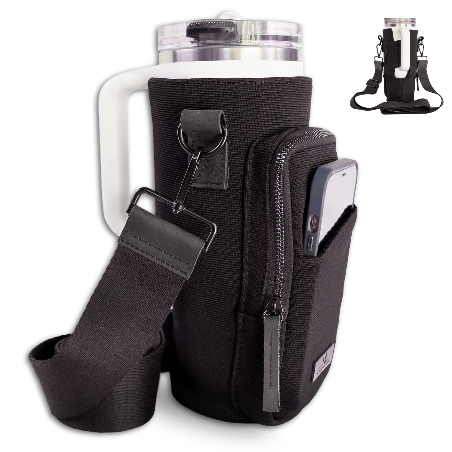 SOLLY AND RUE Water Bottle Sling Bag Crossbody Water Bottle Holder with Strap & Phone Pocket Insulated Carrier for Stanley & Hydro Flask up to 40oz Travel & Walking Companion