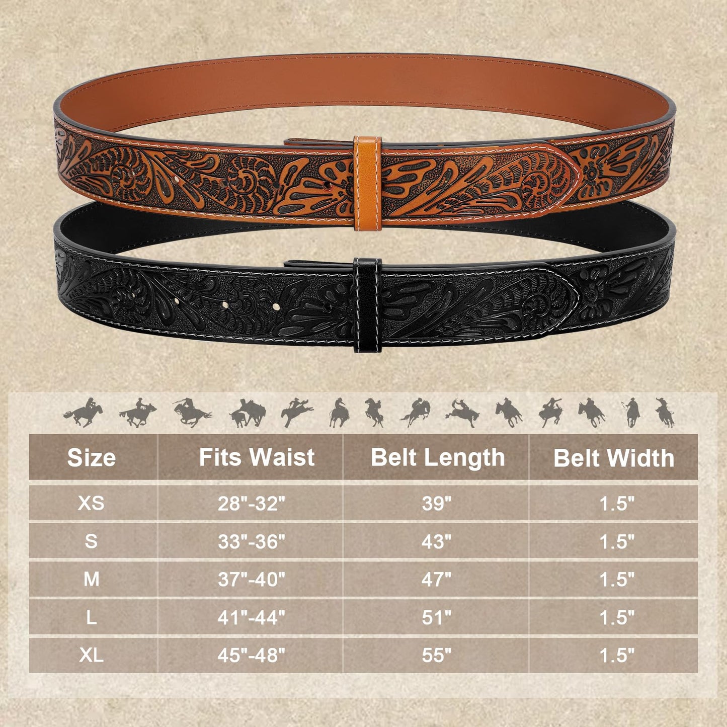 LALATCH Mens Western Cowboy Belt, 2 Pack Western Belts without Buckle for Men Woman Cowgirl Leather Jeans Belt, Brown+Black