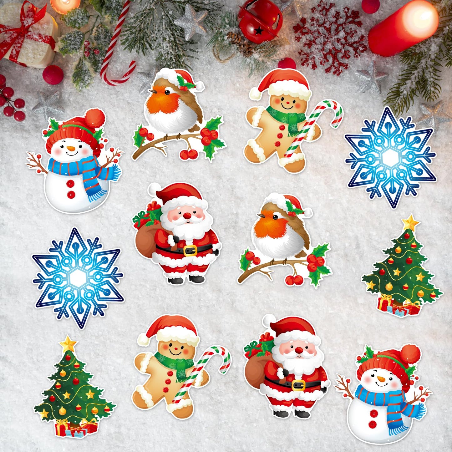 JSRQT 12 Pcs/6 Pairs Magnetic Screen Door Decals Winter Christmas Magnets Protector Double Sided Flexible Stickers Decorative for Patio Sliding Pets Fridge Refrigerator Window Snowflake Bird Snowman