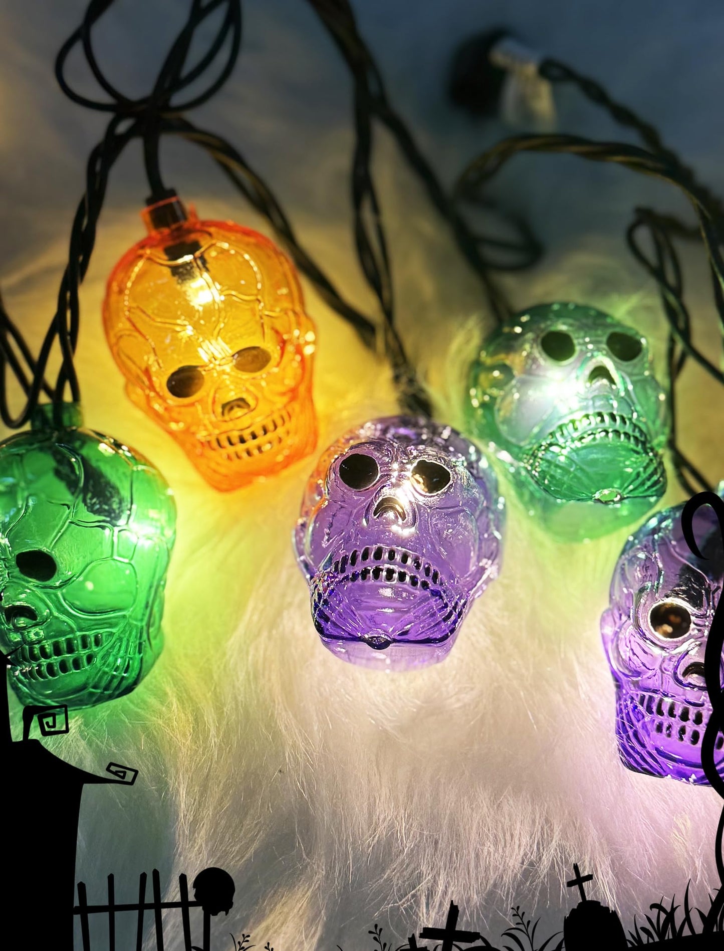 Halloween Skull String Lights Outdoor, 8.5Ft Ghost Head Lights with 10 LED Orange Green Purple Skull Head Lights, Hanging Halloween Decoration Skeleton Light for Patio, Porch, House, Party Decorations