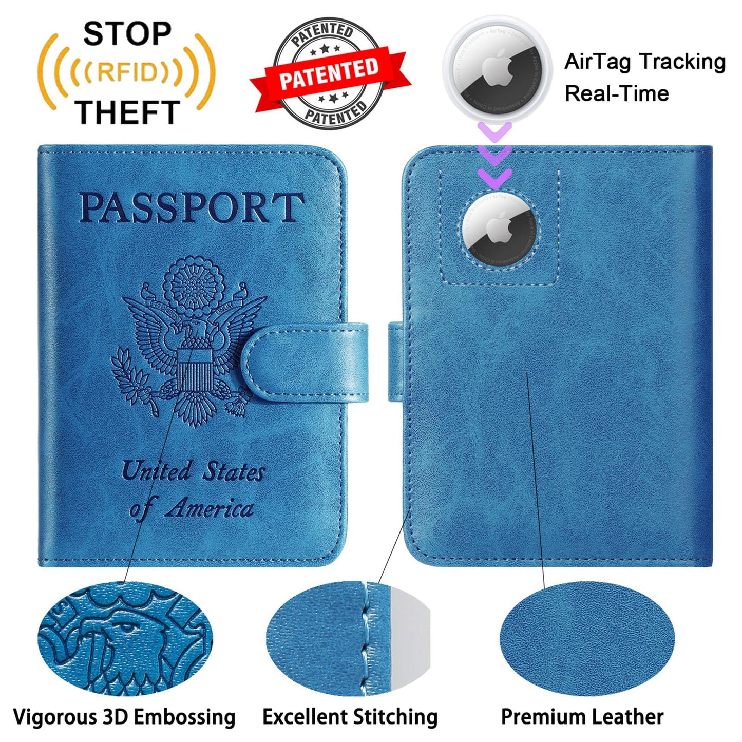 Airtag Passport Holder Cover Wallet RFID Blocking Leather Case Travel Essentials Luggage Accessories Travel Must Have(118#Blue)