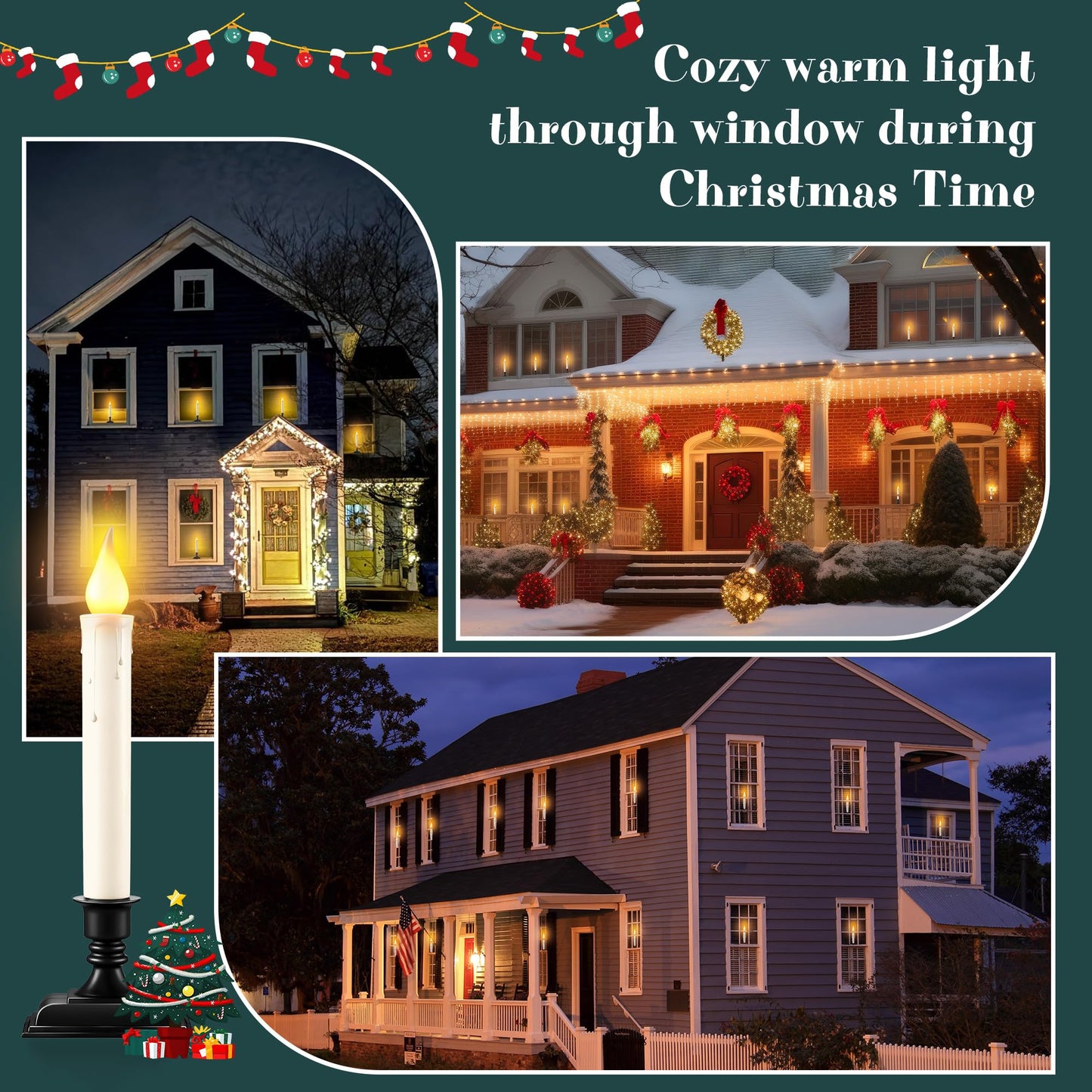 Enhon 12 Pack Battery Operated LED Window Candles, Dusk to Dawn Light Sensor, with Black Holders and Suction Cups, Ivory Christmas Window Candles, Amber Flicker Flame (Batteries AA Included)