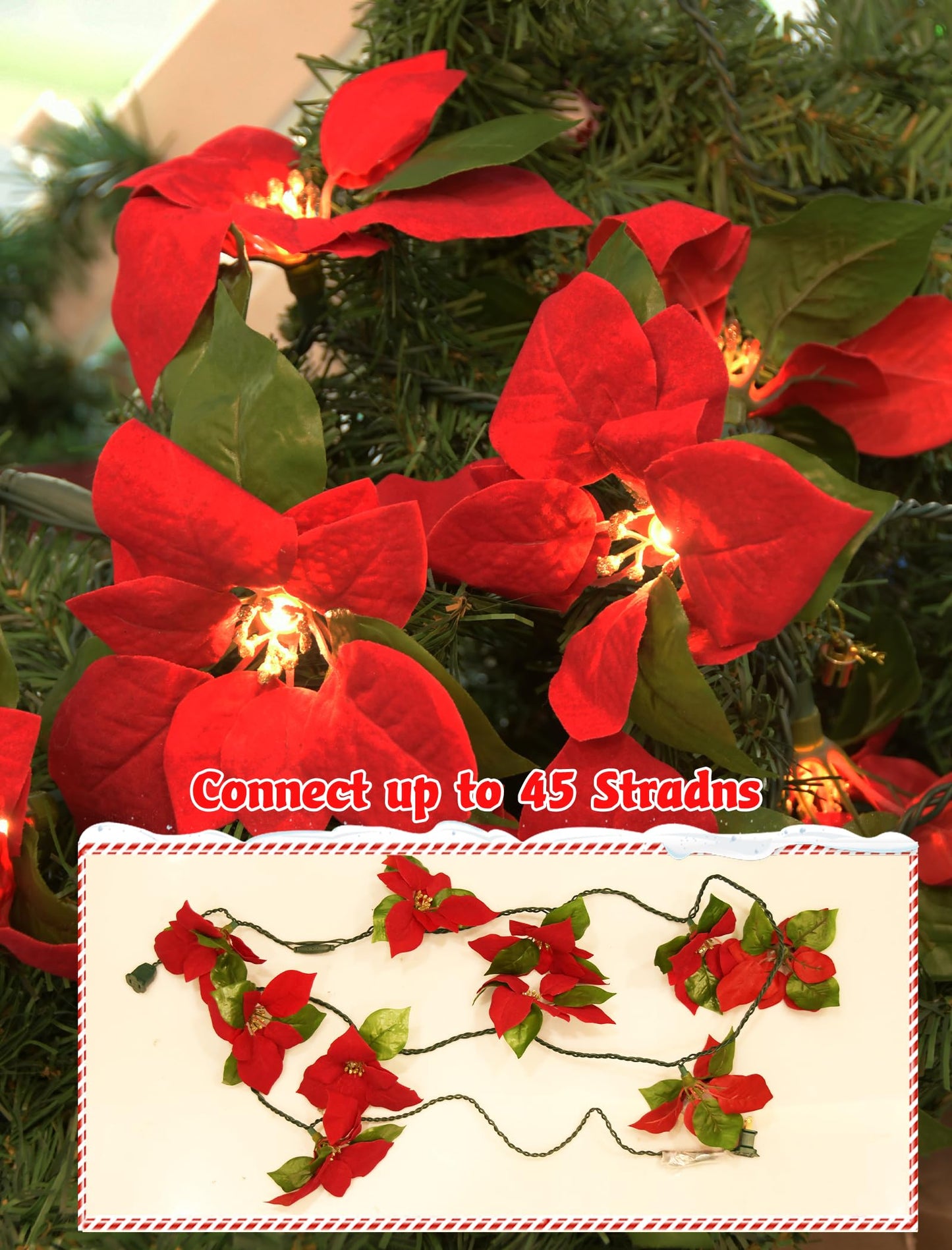 SUNSGNE 8.5FT LED Flower String Lights, Red and Green Christmas Flowers Lights with 10 LED Flowers Bulbs for Christmas Tree, Fireplace, Staircase, Walls