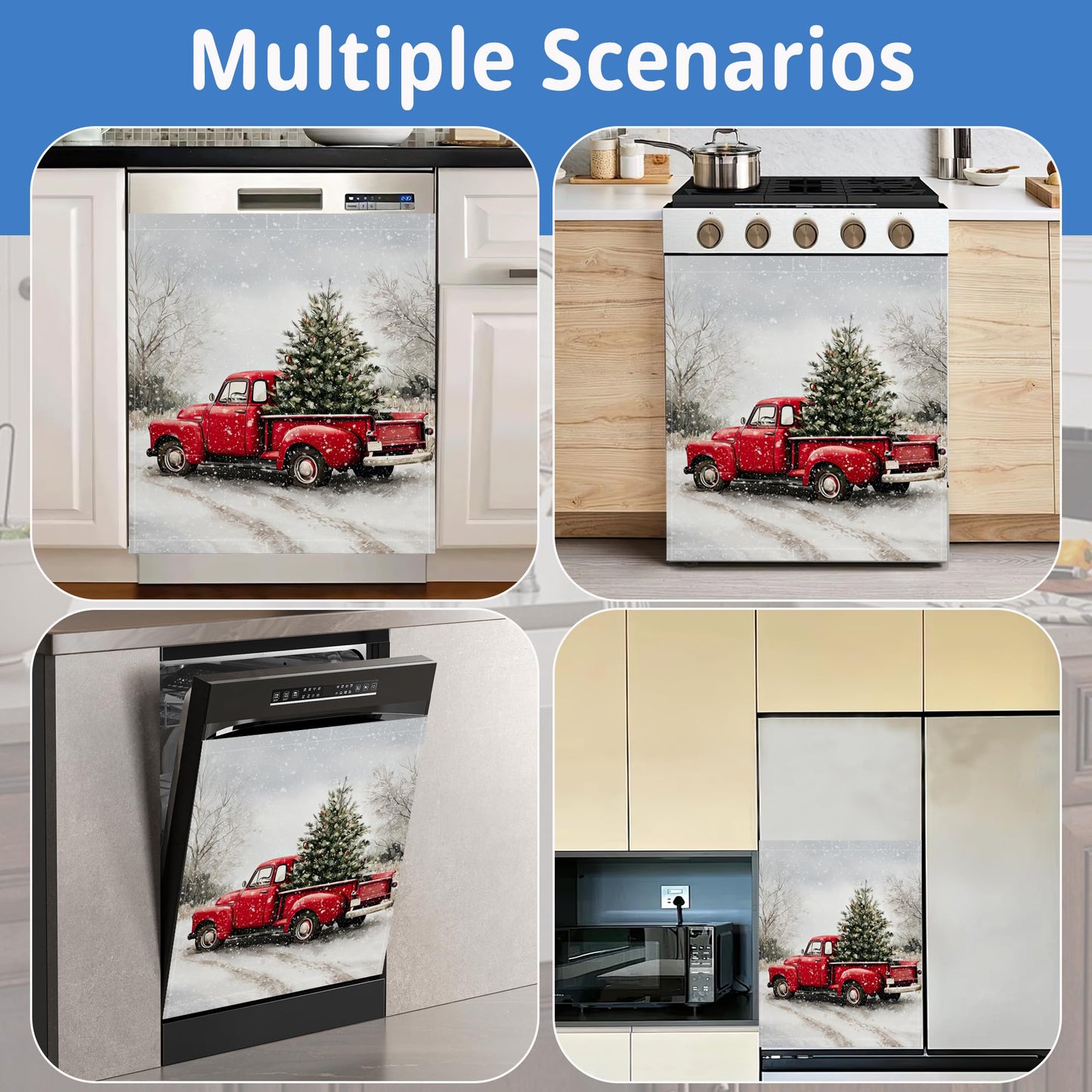 Washable Red Truck Dishwasher Magnetic Cover for Kitchen Decor,Christmas Tree Refrigerator Magnet Front Panel for Appliances,23 x 26 Inch