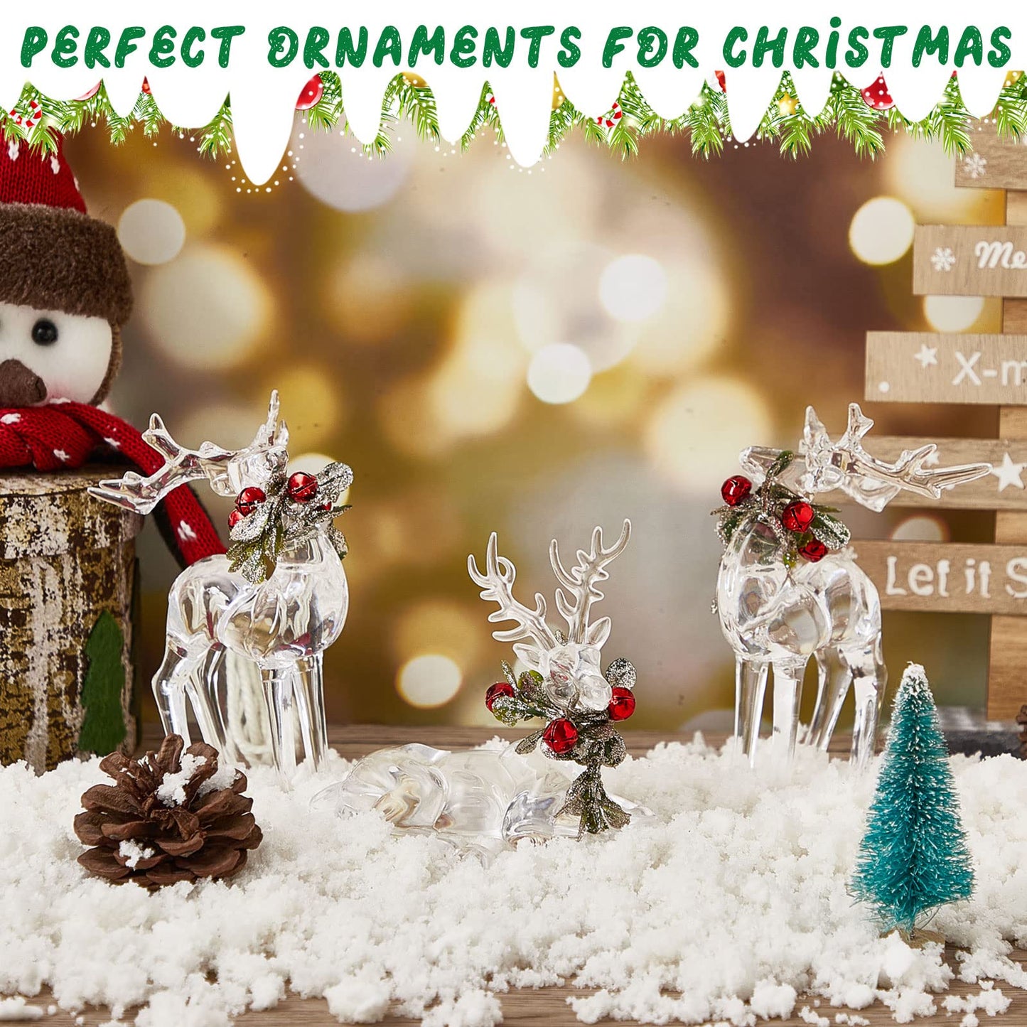 3 Pcs Acrylic Christmas Reindeer Ornaments Crystal Deer Figurine Statues Clear Christmas Small Reindeer Figurine Centerpiece for Xmas Party Decor